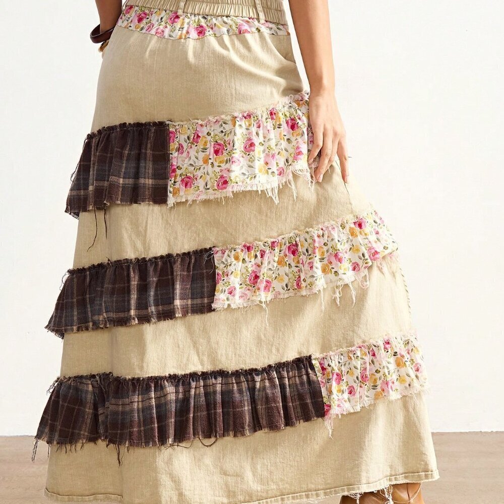 Khaki Boho Women's Country Vacation Casual Woven Patchwork Plaid Split Hem Skirt - Picture 7 of 7